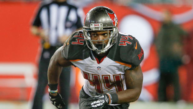 Aug 31, 2016; Tampa, FL, USA; Tampa Bay Buccaneers linebacker Micah Awe (44) runs during the second half of a football game against the Washington Redskins at Raymond James Stadium. The Redskins won 20-13. Mandatory Credit: Reinhold Matay-USA TODAY Sports  
